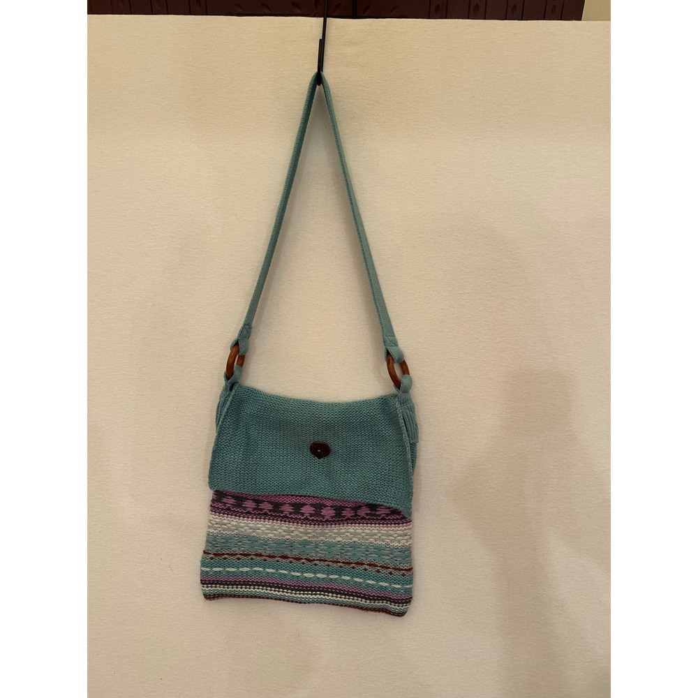World Market Knit Crossbody Bag Teal Boho Fair Isle Pattern Wood Ring Accents
